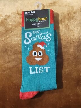 Tipsy Elves Green Crew Socks with Red Accents - Holiday Poop Emoji